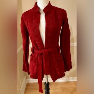 Vintage Macy’s Brick Red 100% Wool Tie Wrap Sweater Cardigan
